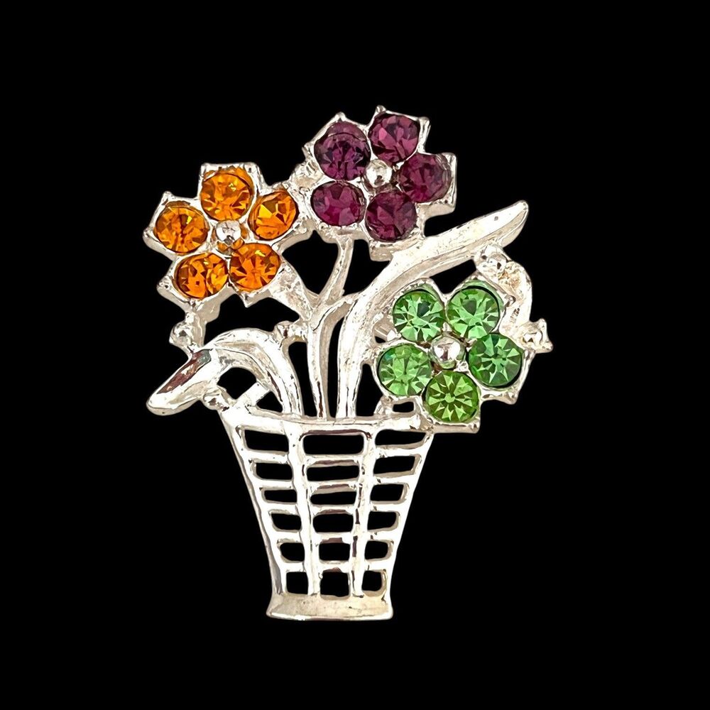 Vintage 1960s Flower Basket Brooch Rhinestone Silver Tone Mid Century - 1K